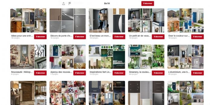 La page Pinterest de Bel'm. Le fabricant de portes d'entrée utilise la plateforme pour générer du trafic sur son site et des leads.